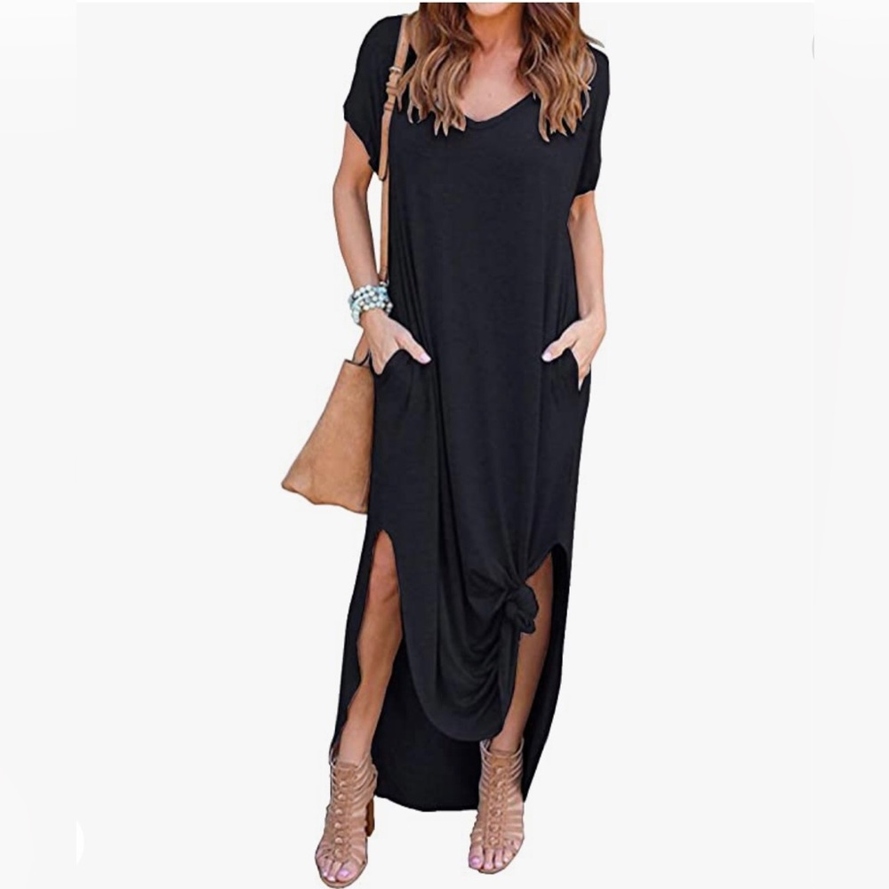 GRECERELLE Women's Casual Loose Pocket Long Dress Short Sleeve Split Maxi Dress